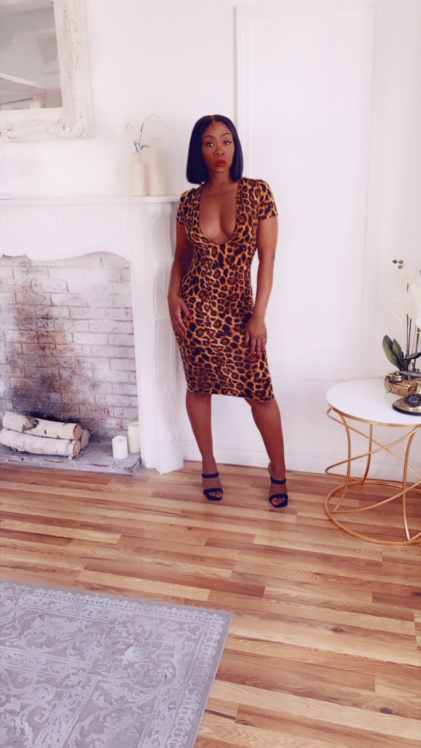 Deep V-Neck leopard print midi dress